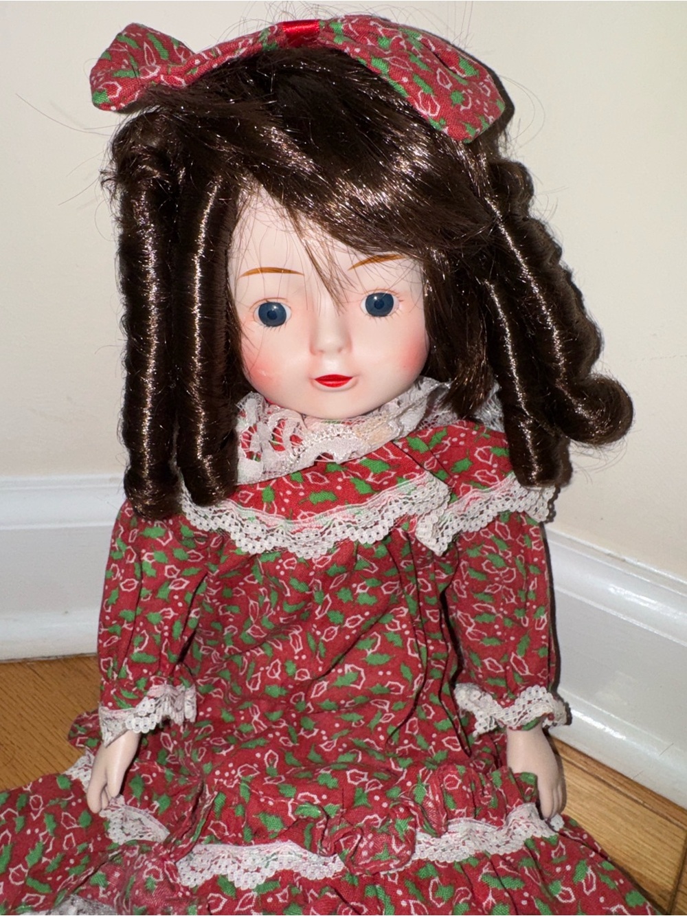 16” Porcelain Bisque Doll Cloth Body Christmas Dress Vintage Collectible Doll